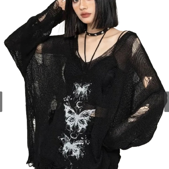 NEW 'Crypsis' Distressed Loose Knit Sweater × 1 XL / Black - Picture 2 of 3